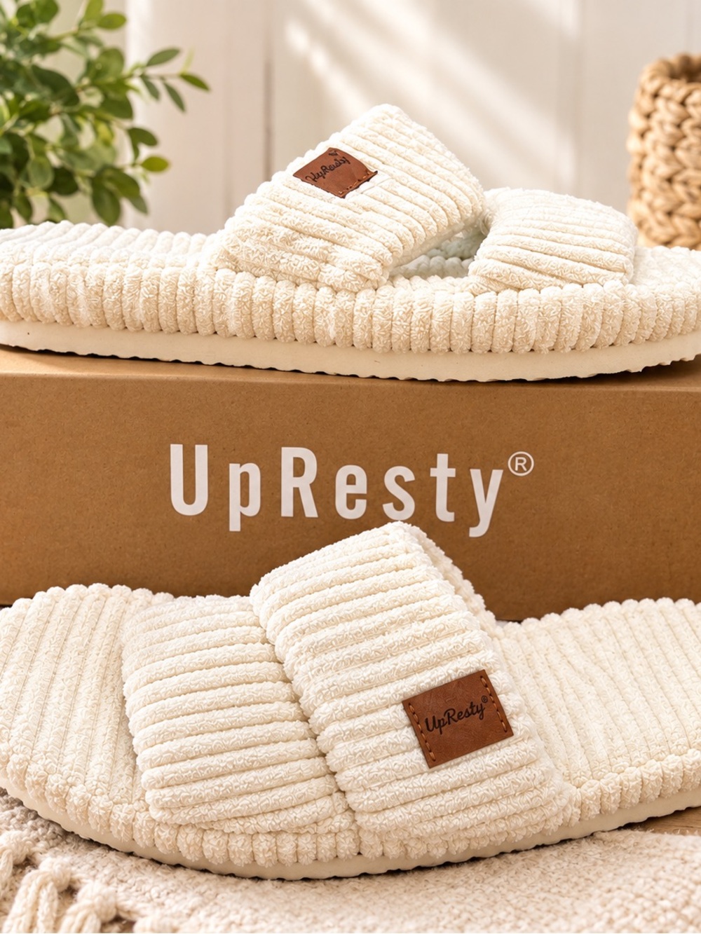 UpResty NWT Cream Ribbed Corduroy Slide Cozy Comfort Slippers for Women